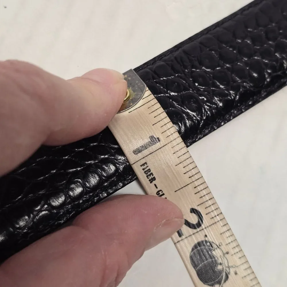 Vintage Terry Stack Black Hook and Loop Italian Leather Croco Embossed Belt